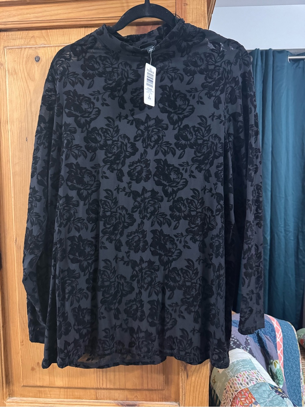 torrid Black Floral Burnout Mock Neck Long-Sleeve Top
